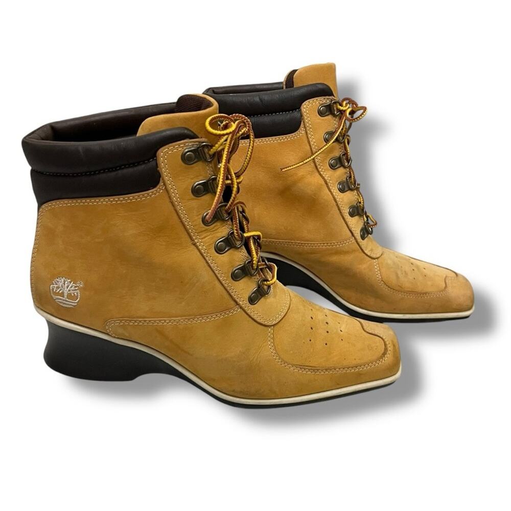Timberland wheat genuine leather lace up ankle square toe wedge heel boots - Picture 2 of 9